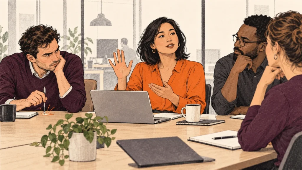 An office kitchen where one colleague turns away from a group while another quietly watches