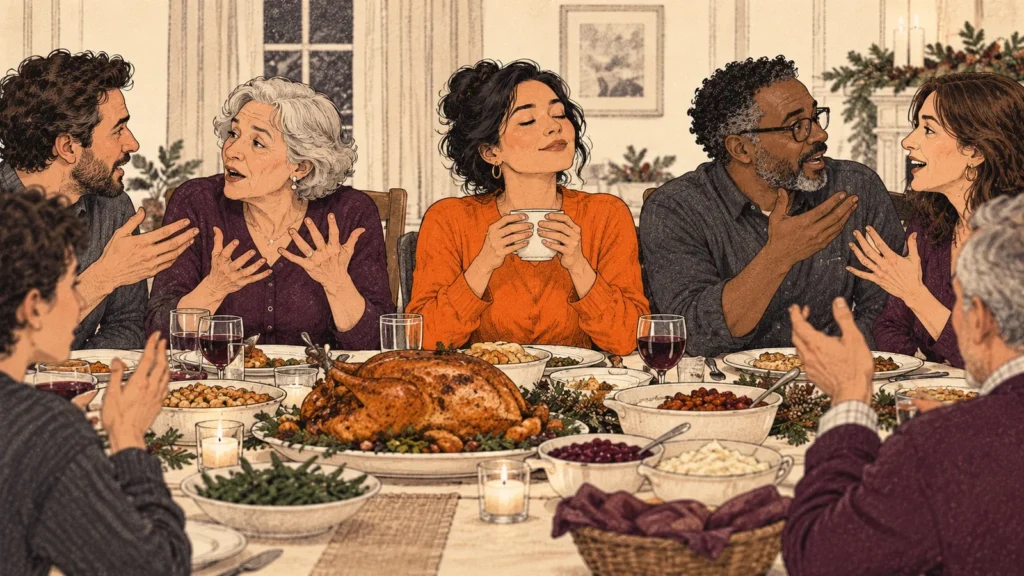 A family around a holiday table, one adult looking down at their plate while others talk over them