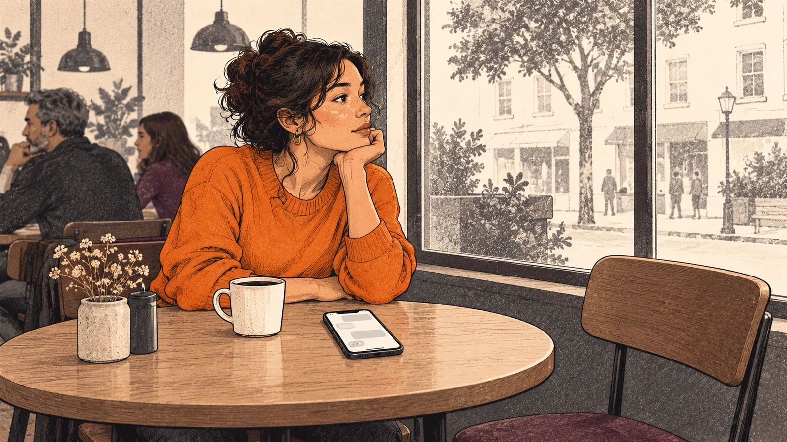 A phone on a cafe table showing an unanswered message while an empty chair sits opposite