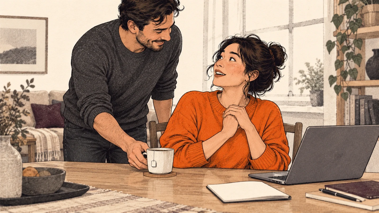 A person bringing a cup of tea to their partner without a word, while the partner looks up surprised