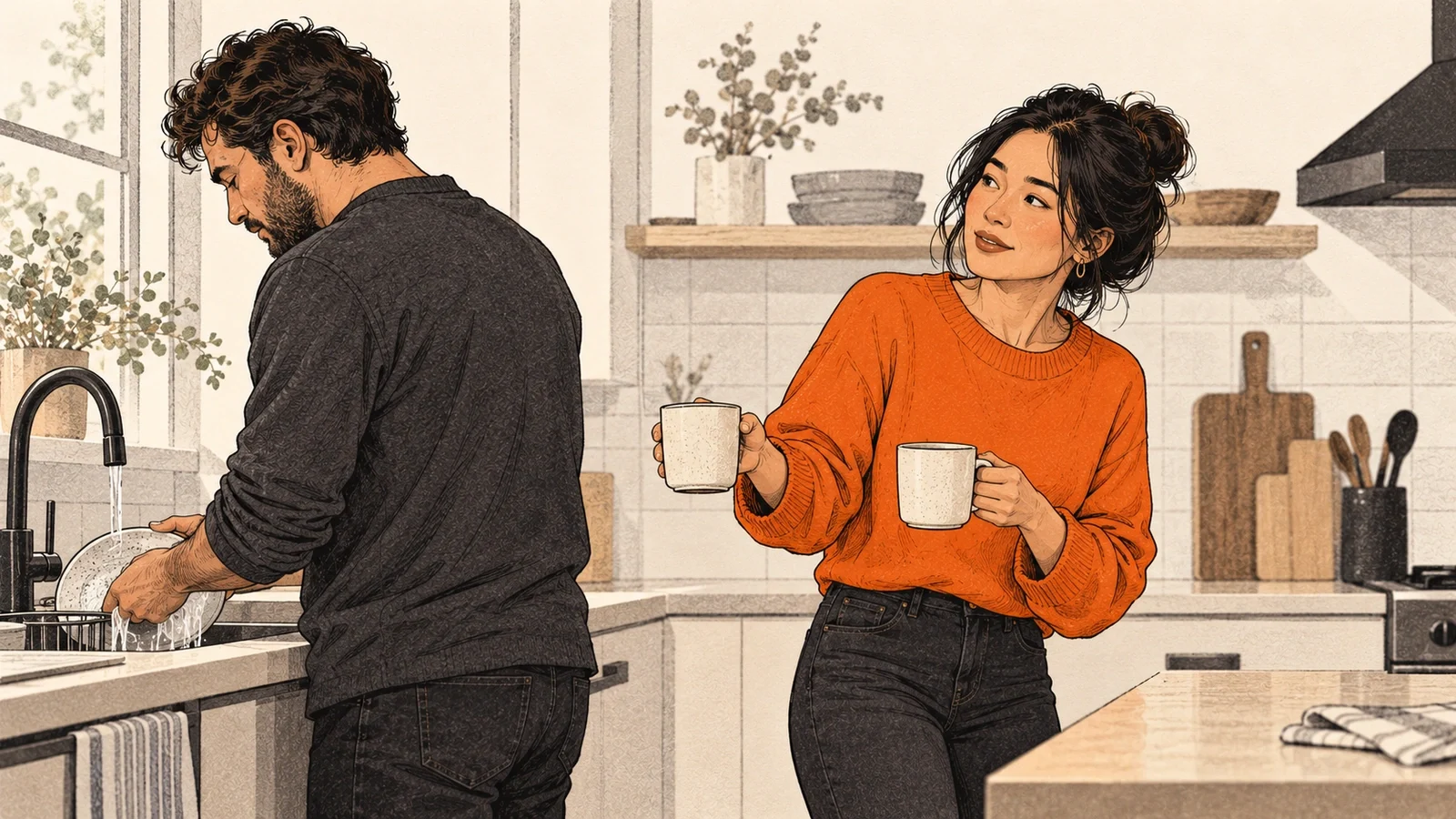 Two people in a kitchen, one turned toward the sink and the other holding a cup, a wide space between them