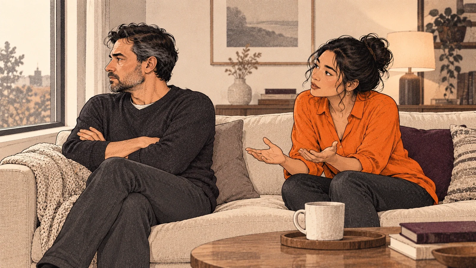 A person staring out of a window while their partner talks behind them with open hands