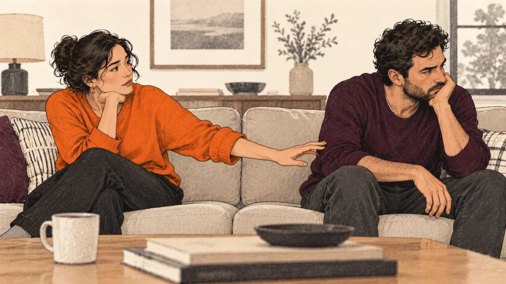 A couple on a sofa facing slightly away from each other while one reaches a hand across the gap