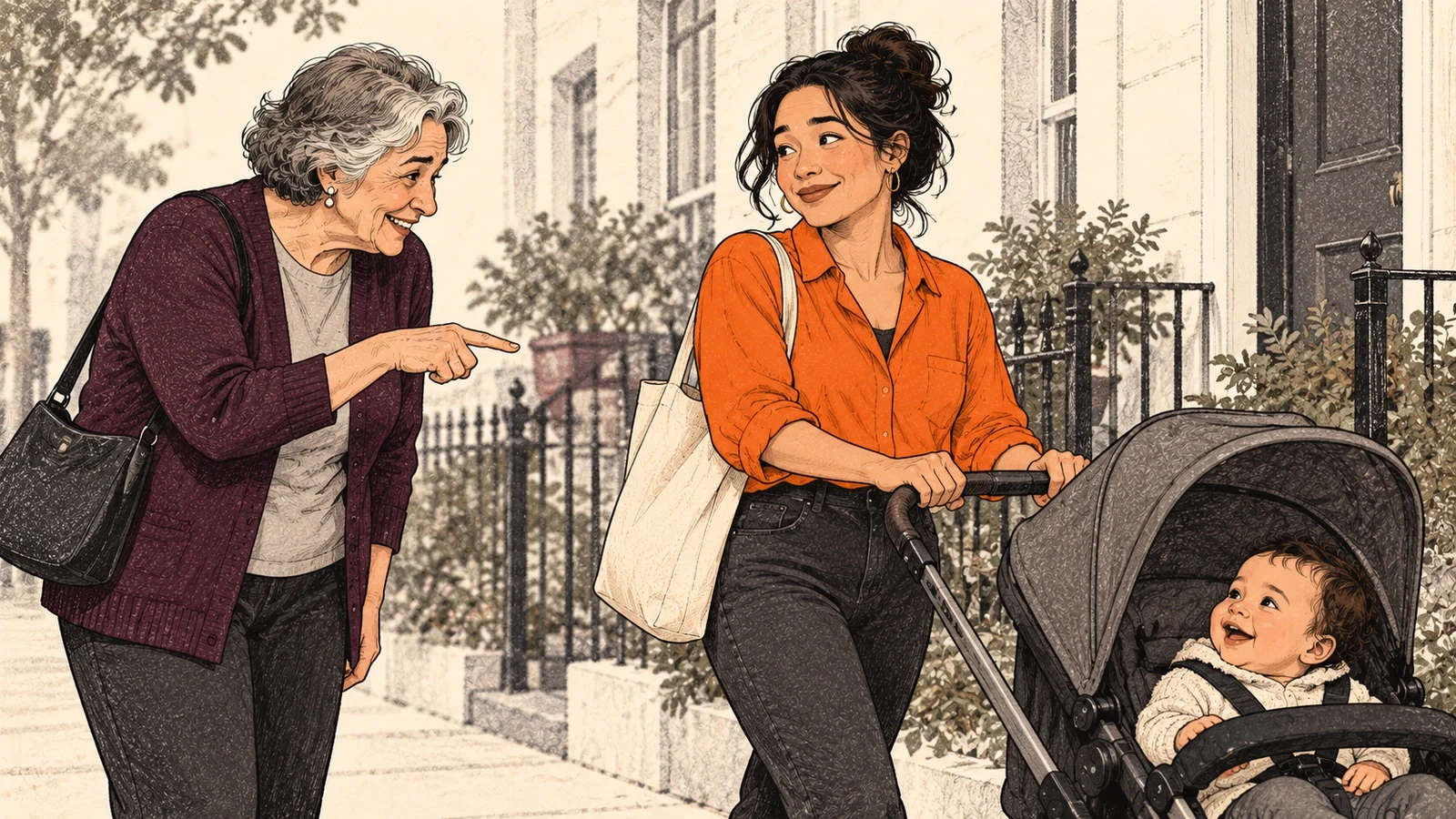 An older woman pointing at a baby stroller while a young parent smiles politely