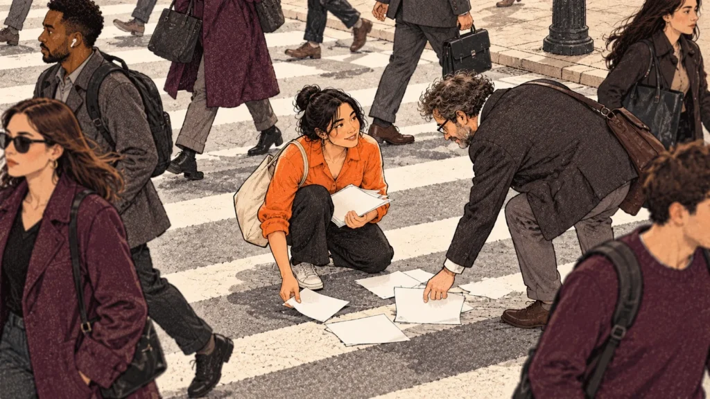 A busy street crossing seen from above, with people moving in many directions and one person pausing in the middle