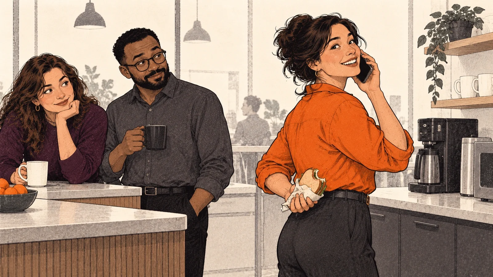 A person smiling and nodding on a phone call while their other hand is crossed behind their back
