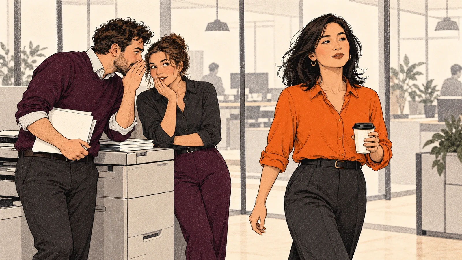 Two coworkers whispering by a printer while a third walks past with a coffee